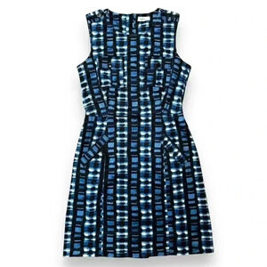 Calvin Klein Black and Blue Print Casual Tie waist Mid Length Dress